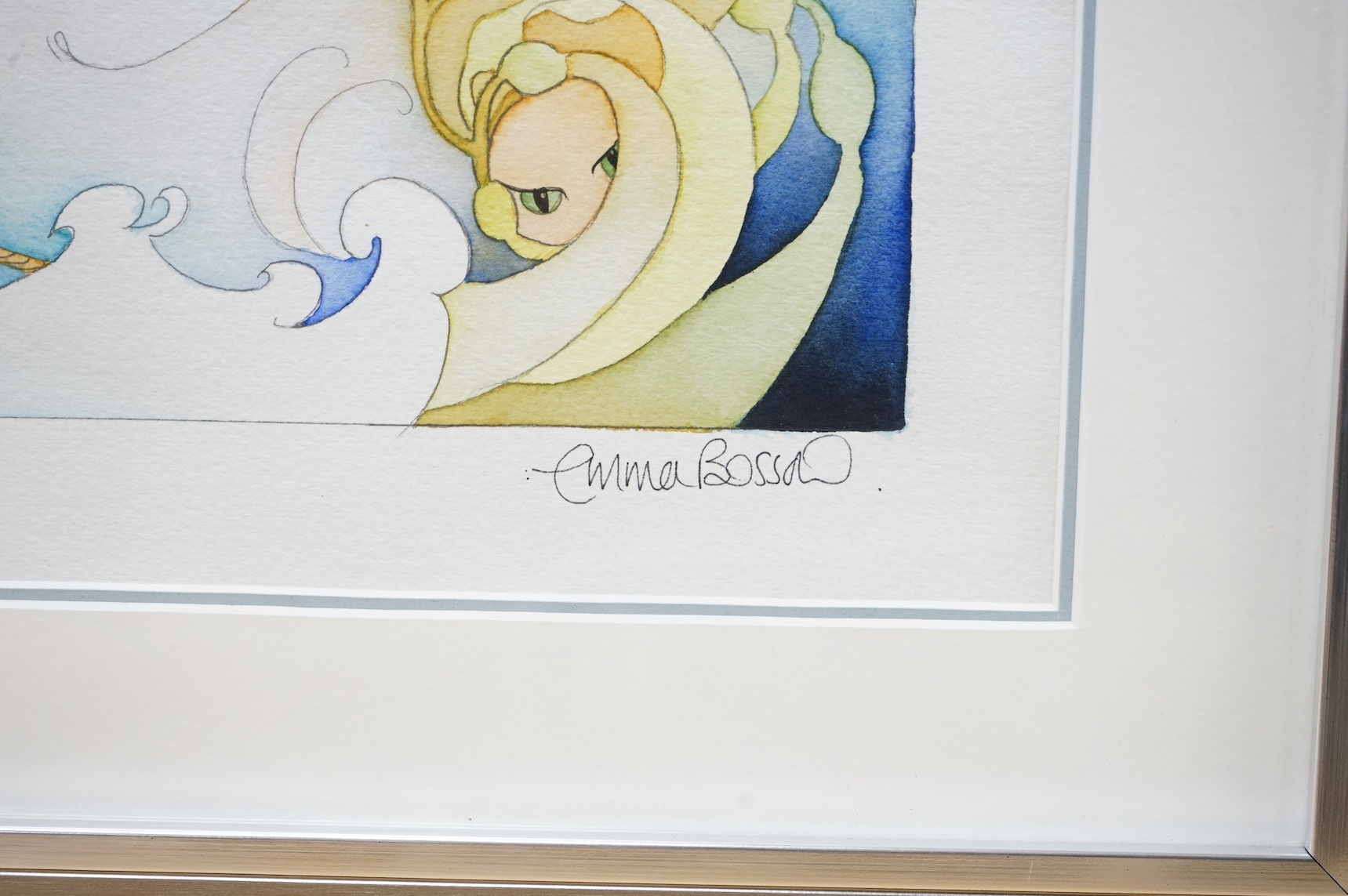 Emma Bossons (b.1976), for Moorcroft, watercolour, Stylised figures before the sun, signed and dated January 2011, 28 x 47cm. Condition - good